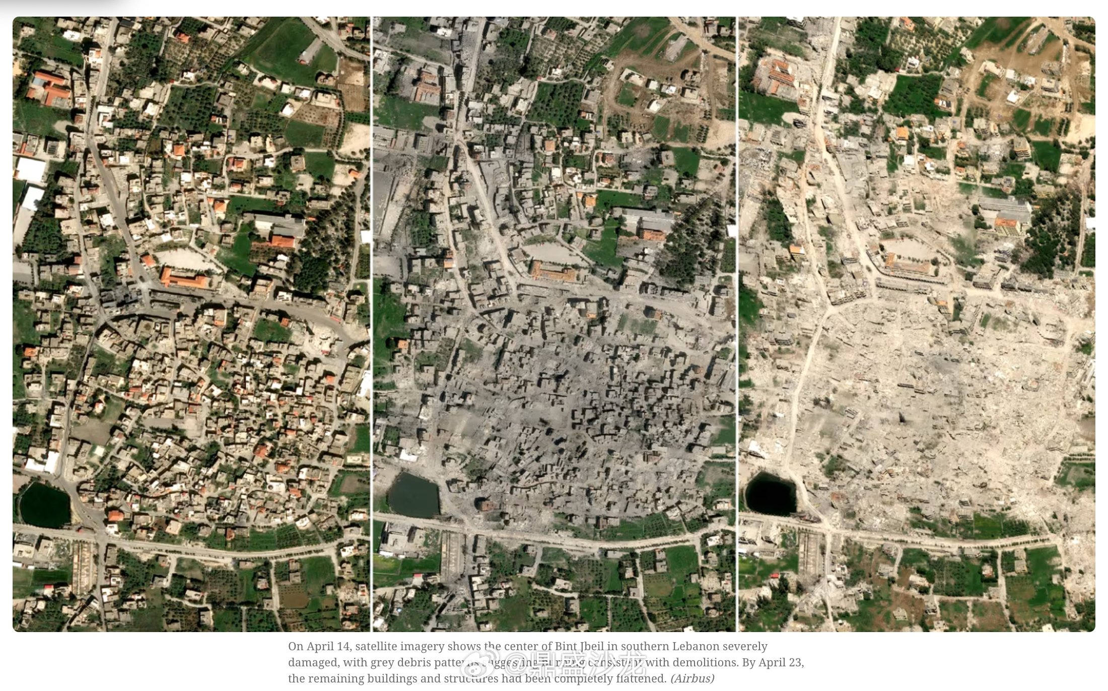 中东局势  卫星图像揭示以色列在黎巴嫩造成的破坏规模 4 月 14 日的卫星图像