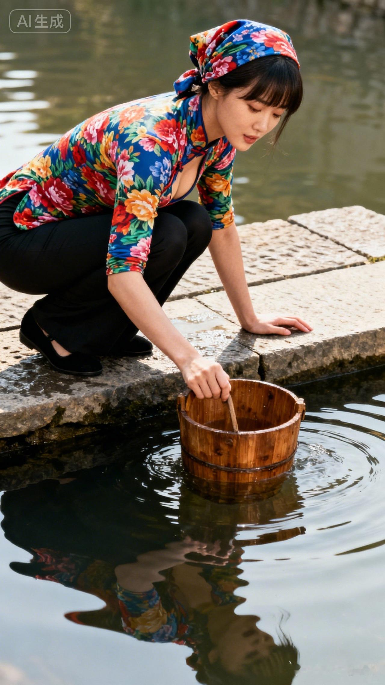 花裙女子在河边打水，静谧如画！