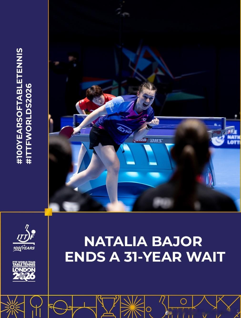 ITTF：在2026年伦敦国际乒联团体世乒赛的赛事中，波兰选手娜塔莉娅·巴约尔在
