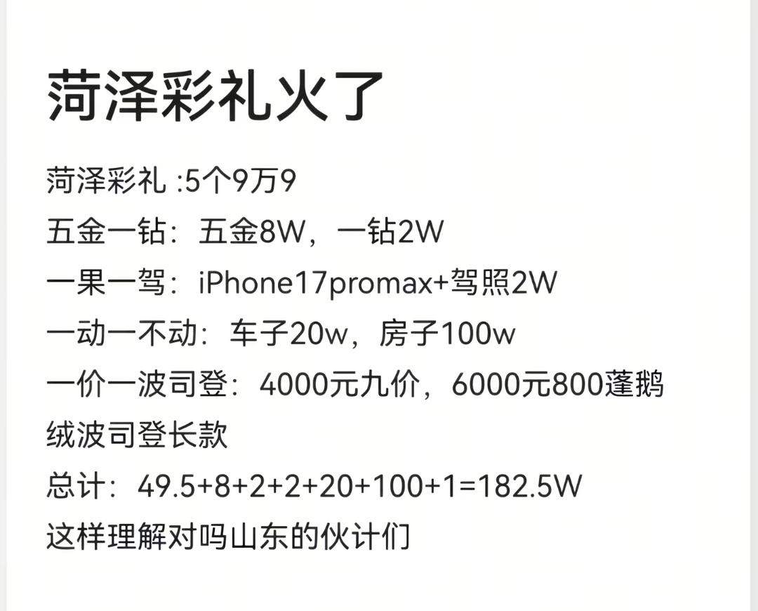 @嗯~哑谜咯~: 菏泽彩礼清单：
五个9.9w，五金、一钻、一果（苹果）、一驾（
