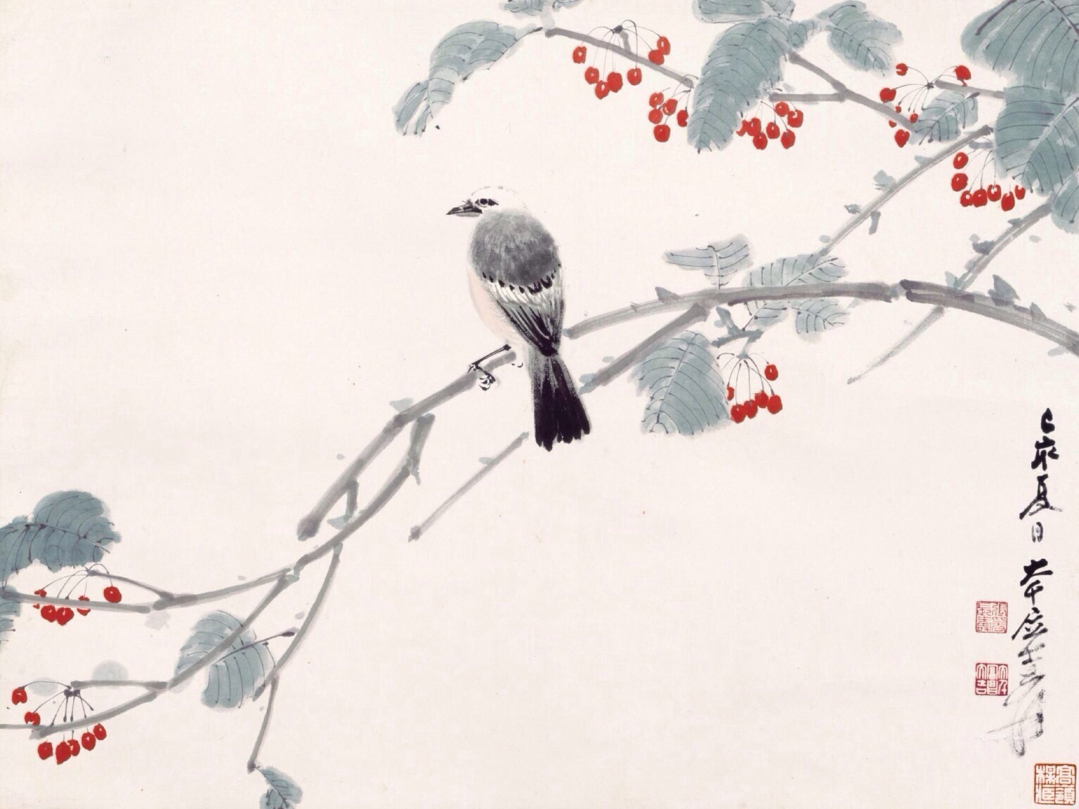 【历代名家画花鸟水果樱桃】《赋得樱桃》唐 李世民华林满芳景，洛阳遍阳春。朱颜含远