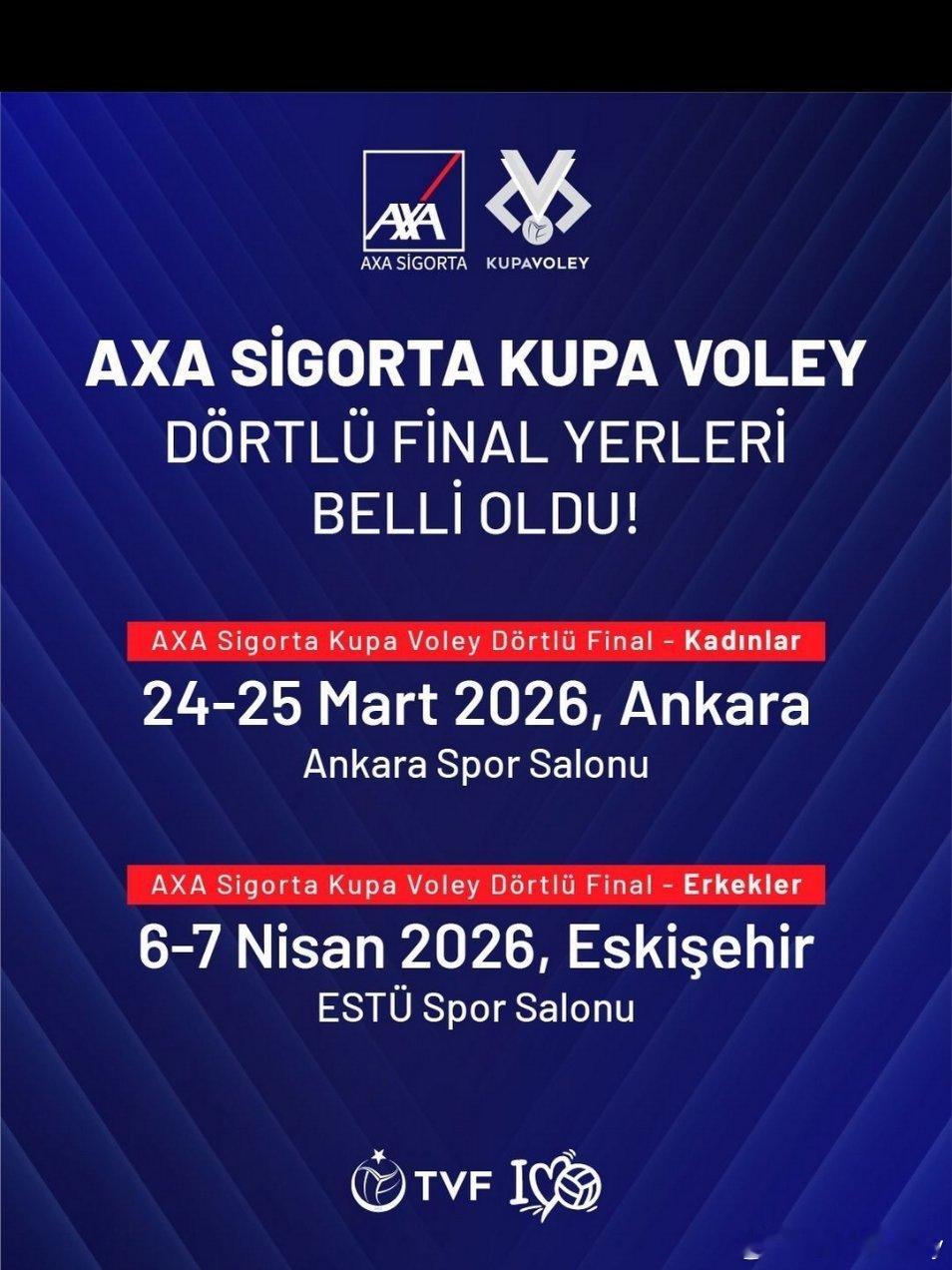 土耳其杯四强决赛举办城市确定:🏐女排:安卡拉体育馆🏐男排:埃斯基谢希尔市ES