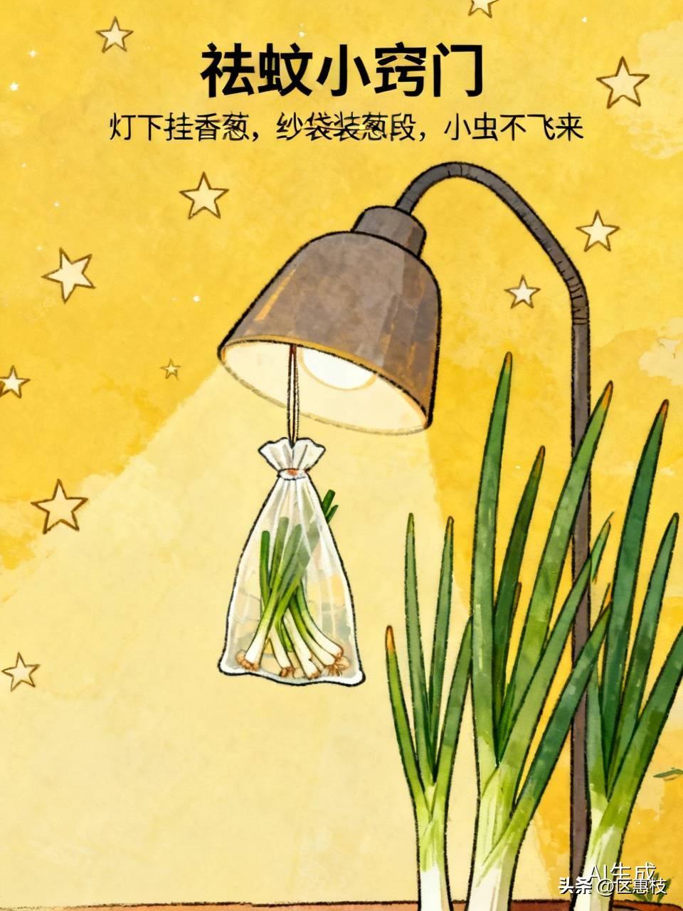祛蚊小窍门
在灯下挂一把香葱我用纱袋装几根葱段，各种小虫都不会飞来。