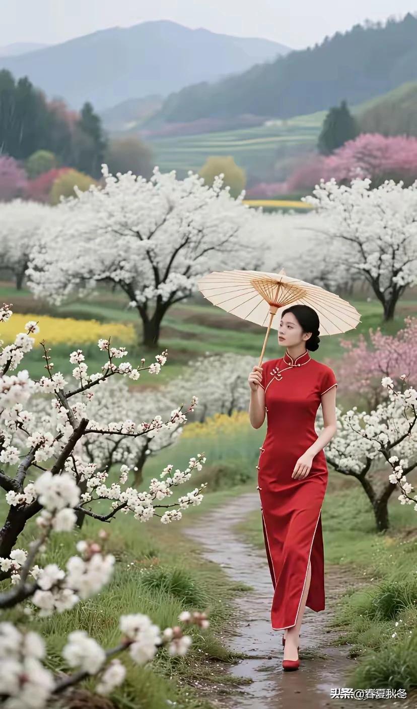 身穿红装俏佳人，
漫步来到果树林。
梨花洁白滿树开，
桃红含苞喜迎春。