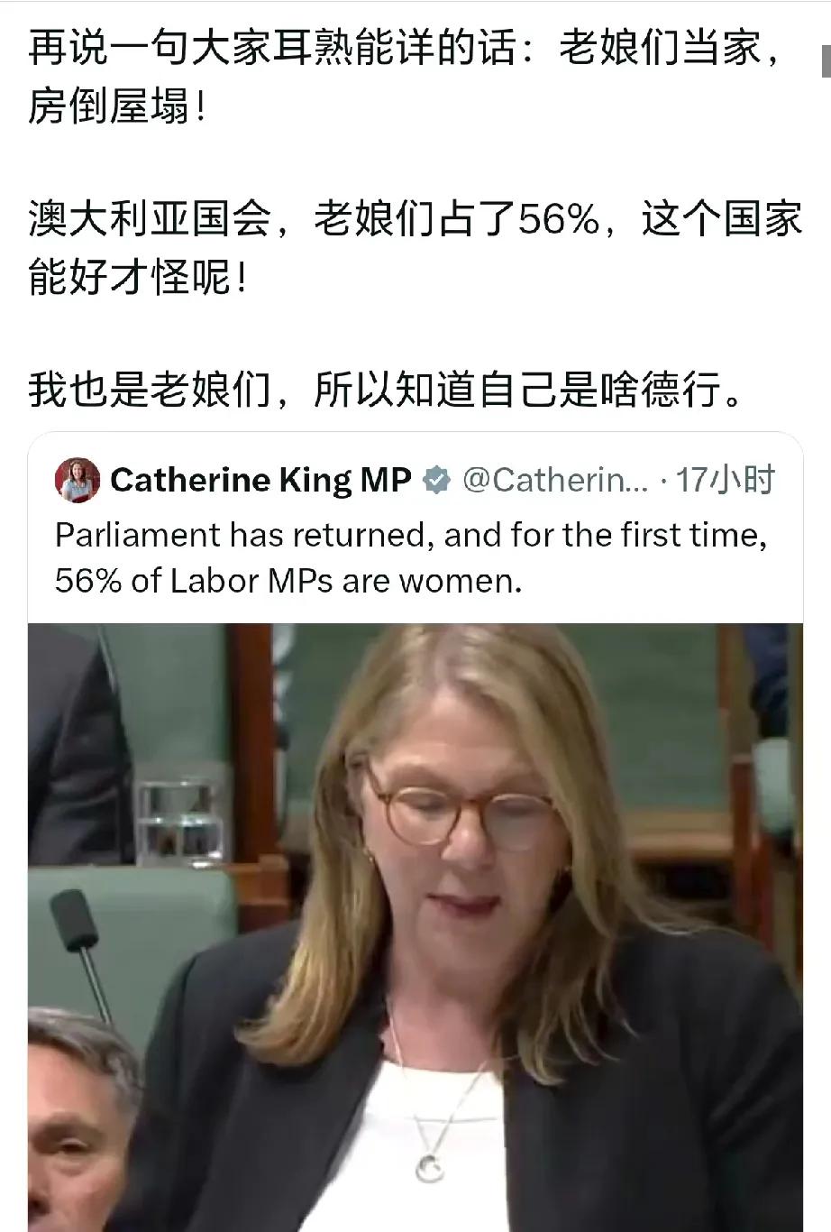 一名中国女子在澳大利亚女议员社交媒体评价道：老娘们当家房租倒塌。她认为澳大利亚的