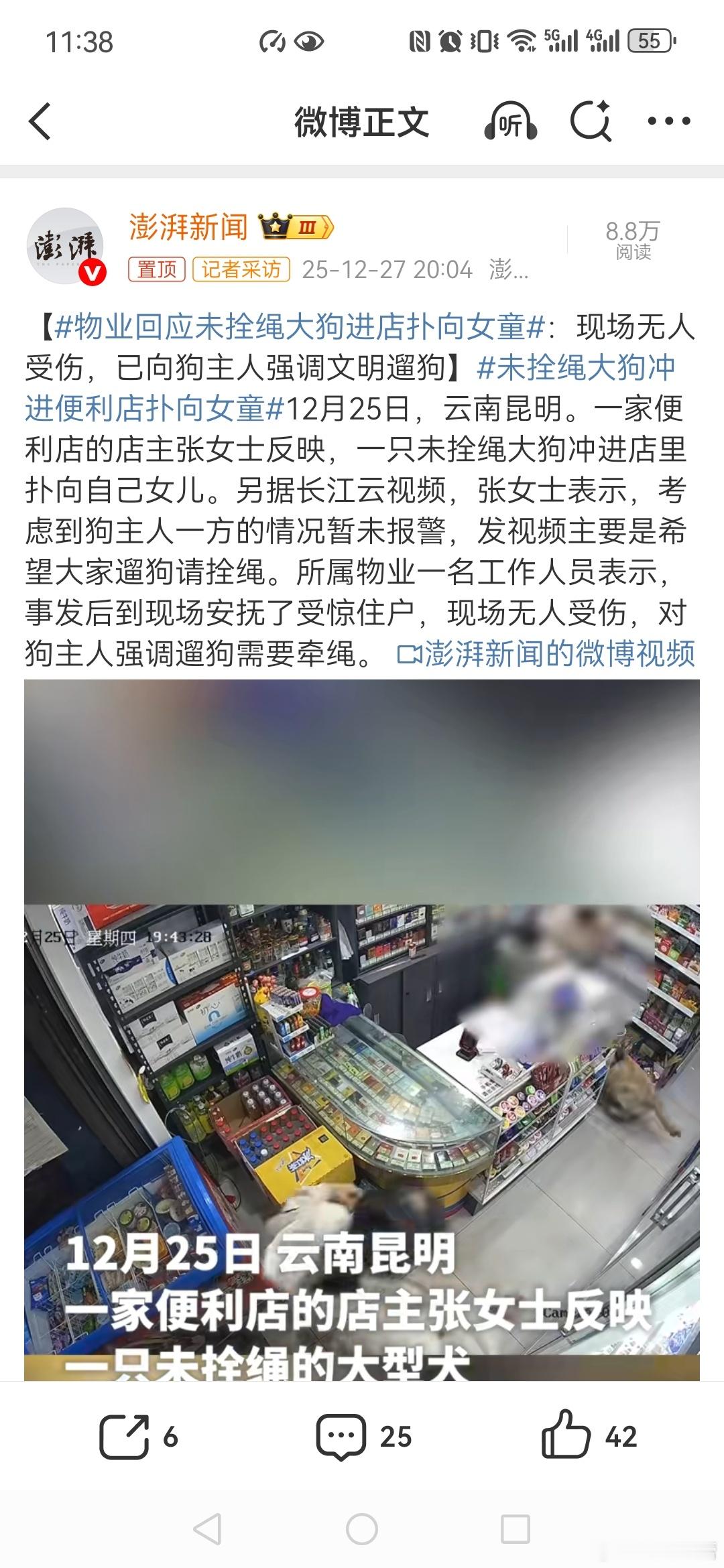 【物业回应未拴绳大狗进店扑向女童未拴绳大狗冲进便利店扑向女童我小时候被狗扑过，现