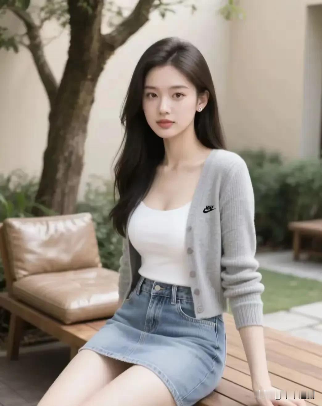庭院树下，一身浅色系搭配，安静又温柔
自然清雅美女 自然清新穿搭