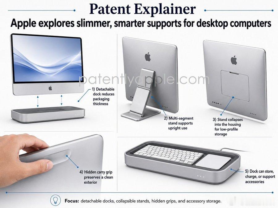 Apple最新获得授权的专利文件，阐述了针对台式电脑、一体机以及显示器支撑结构的