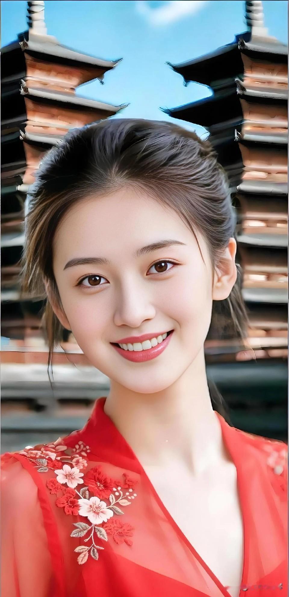 晴空为幕，古檐作影。
一袭红衫裁春色，满肩花绣缀清欢。
笑眼弯成檐角月，眉眼盛尽