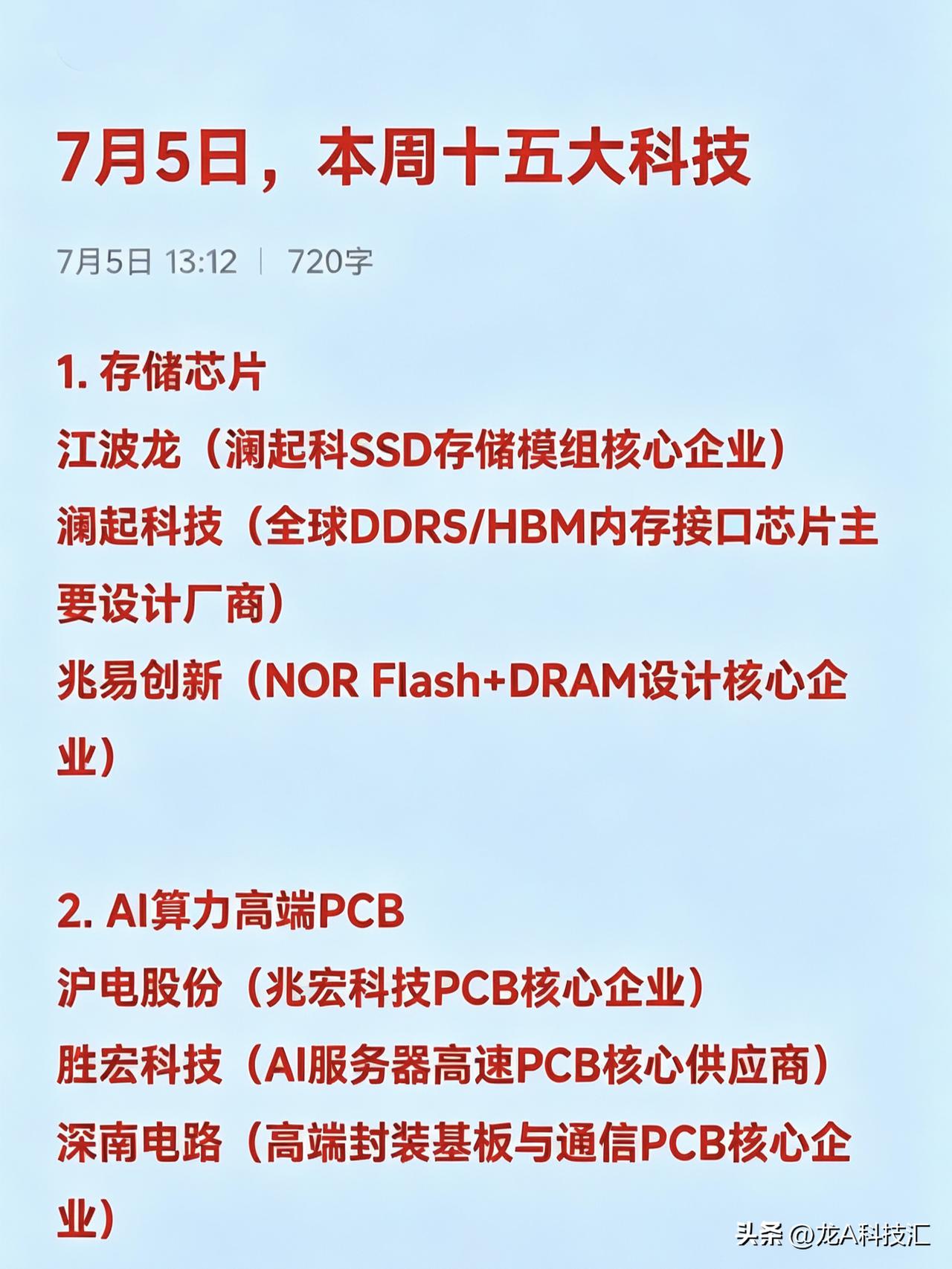 7月5日，本周二十大热点科技及其完整版龙头企业汇总


1. 存储芯片
江波龙（