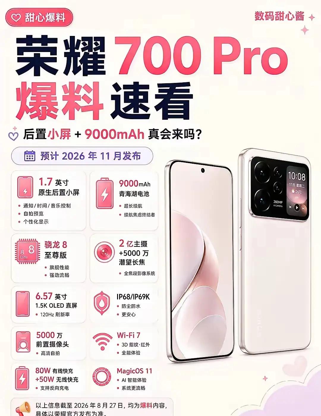 兄弟们，荣耀700 Pro的爆料来了！
后背带个小屏幕，9000毫安大电池直接告