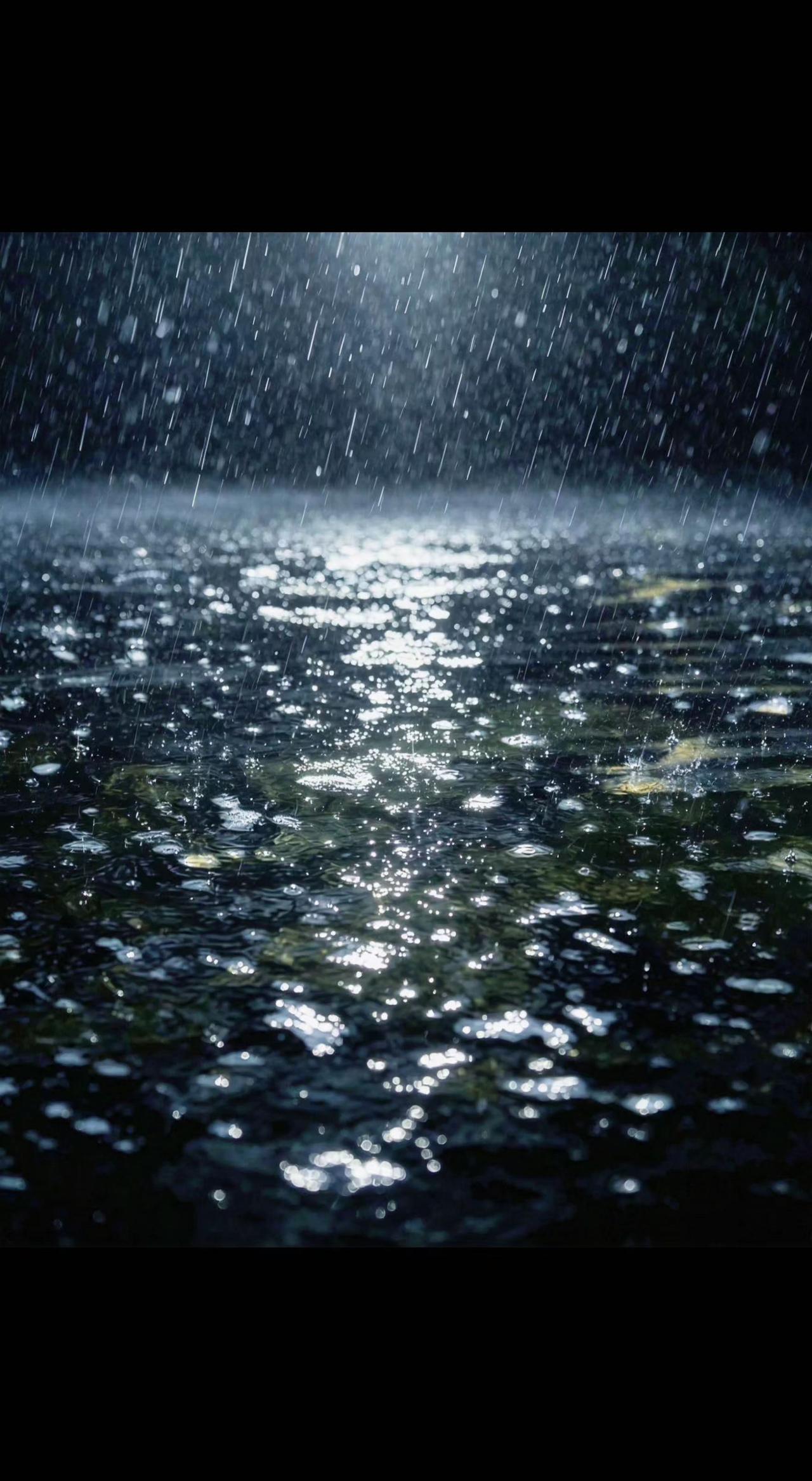 🌧️雨珠砸向水面，碎成万千星辰✨。暗处微光闪烁，是大地的私语。孤独时，世界反而