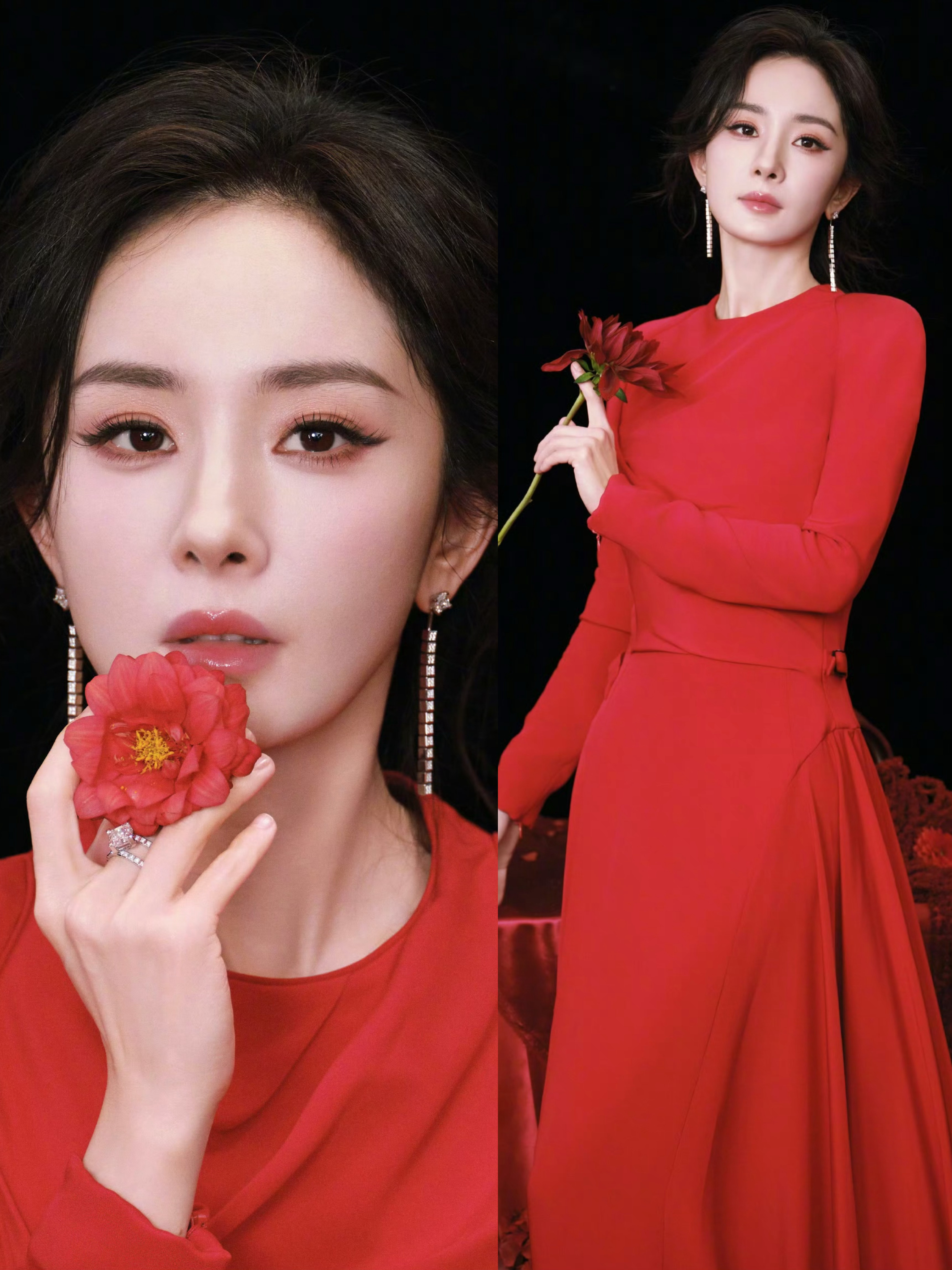 杨幂今日雅诗兰黛线下活动造型就这个妈幂穿大红色美