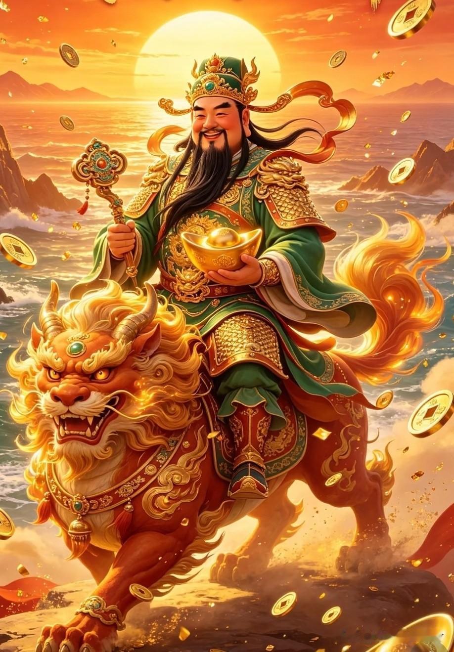 瑞兽驮财踏沧海，
财神捧宝纳千金。