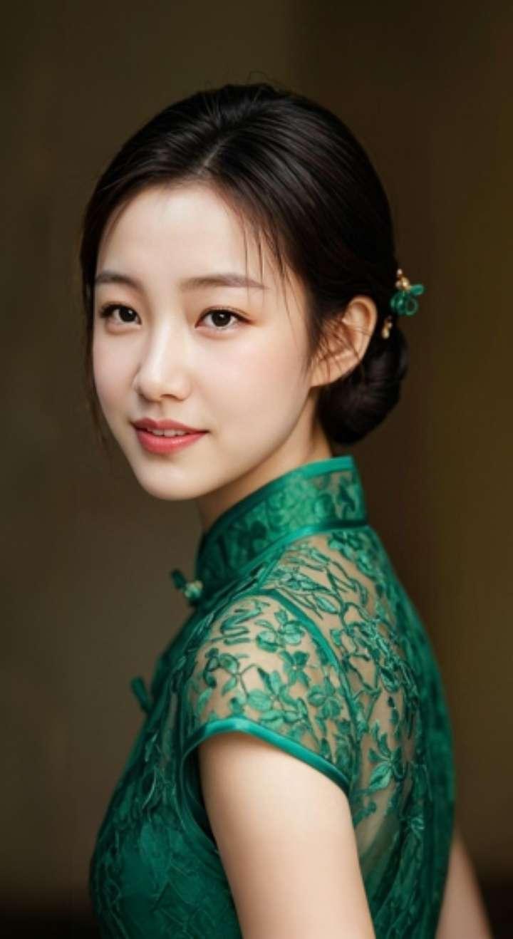 AI扩图 AI绿旗袍佳人