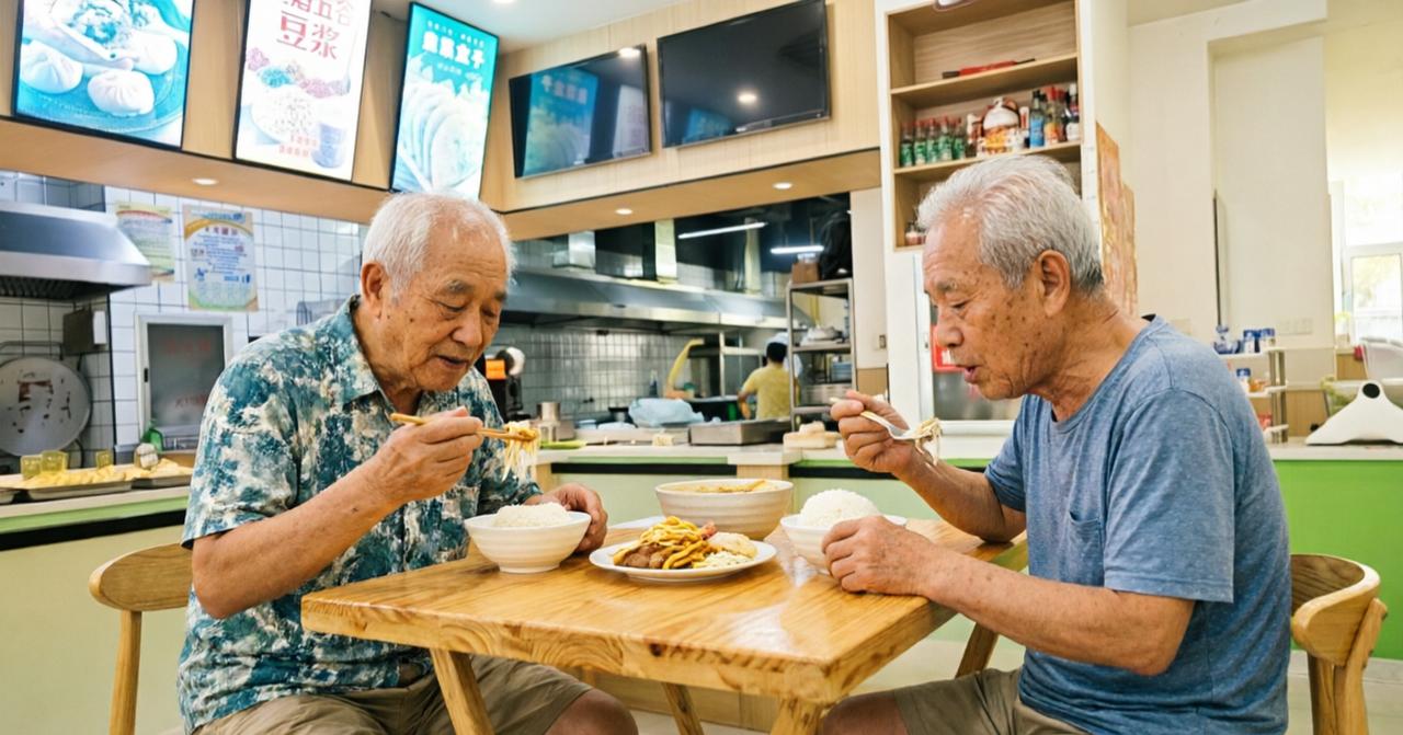 刚才在红福超市对过早餐店里，遇到前两天跟老伴吵架的邻居老岳头跟他弟弟了。
老岳头