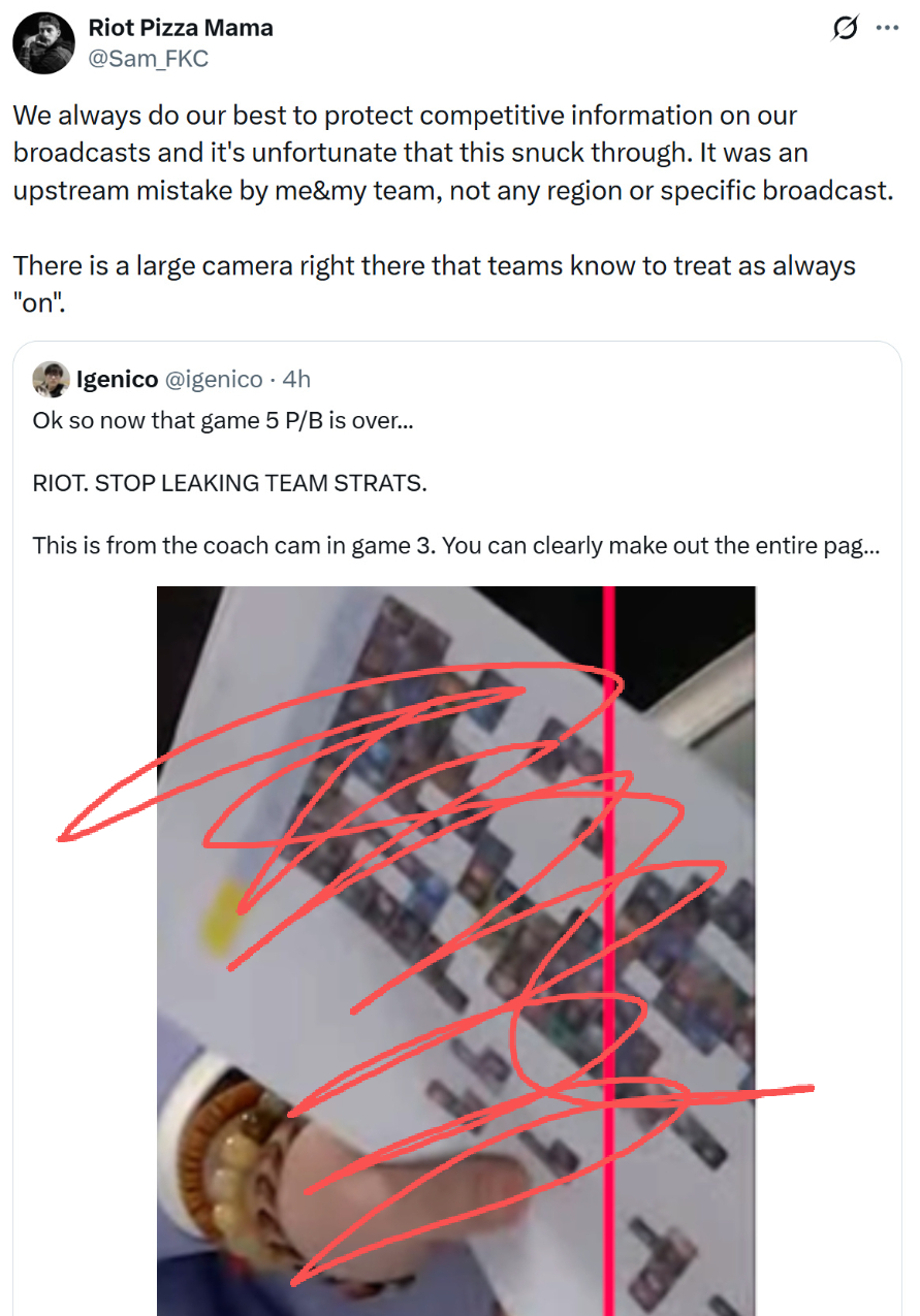 Riot的工作人员针对战术板泄露事件表示：“我们一直竭尽全力，在赛事直播中保护各
