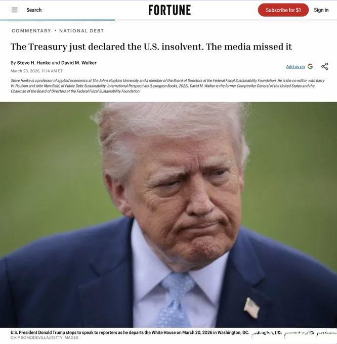 《财富》杂志：“美国政府破产”

上周，趁着美国民众注意力被战争分散之际，美国财