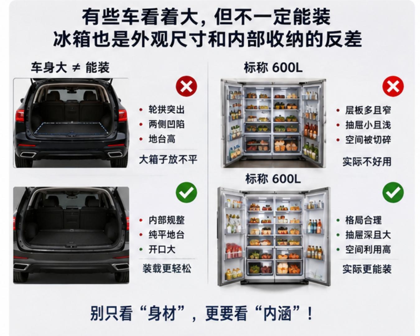 现在买车都讲“得房率”，我觉得冰箱其实更应该算算。车长5米，不代表车里一定宽敞；