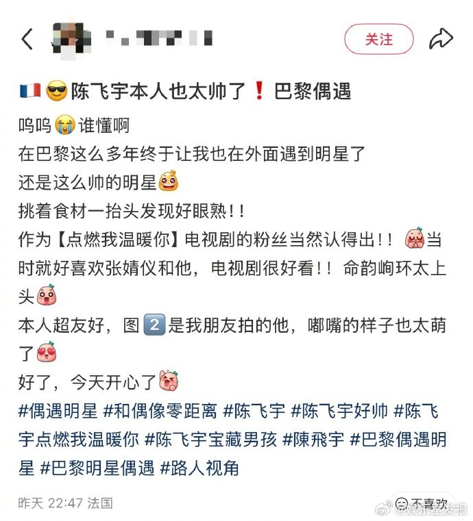 陈飞宇和粉丝合照 网友巴黎偶遇陈飞宇，酷哥外表下藏着萌系少年心！合照时配合度满分