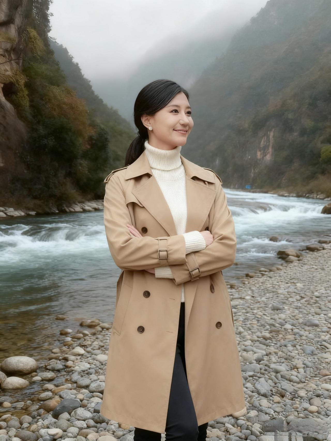 碧水环阶绿，青山入雾深。
衣裁云一片，发绾月千寻。
石乱滩头影，风轻袖底音。
环