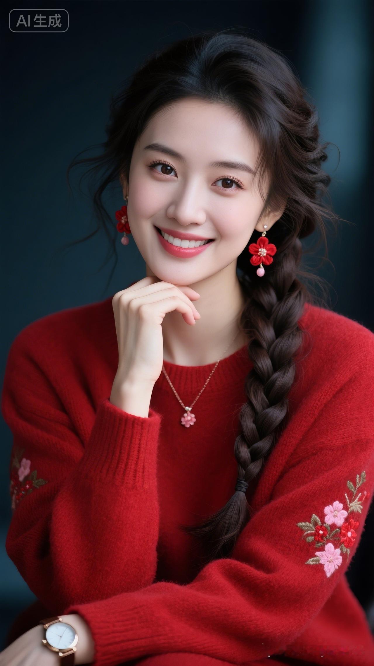 甜美少女风，红色毛衣搭配花辫，微笑动人！🌸💖