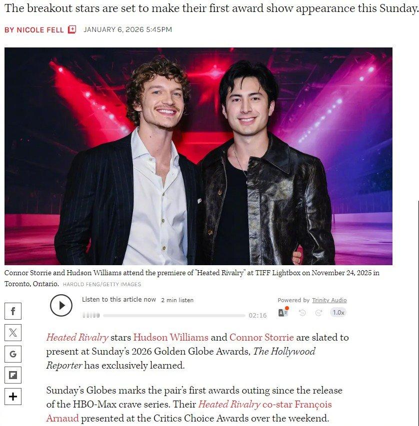 巅峰对决主演金球奖颁奖嘉宾据《好莱坞报道者》：《巅峰对决》两位主演 哈德森·威廉