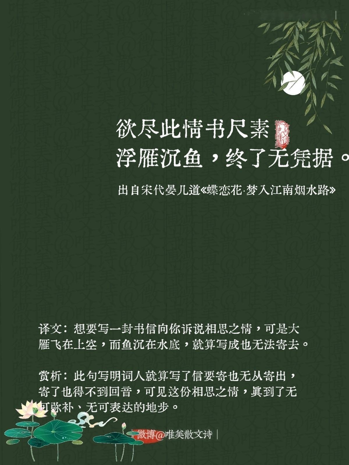 “欲尽此情书尺素，浮雁沉鱼，终了无凭据。”--宋代晏几道 ​​​