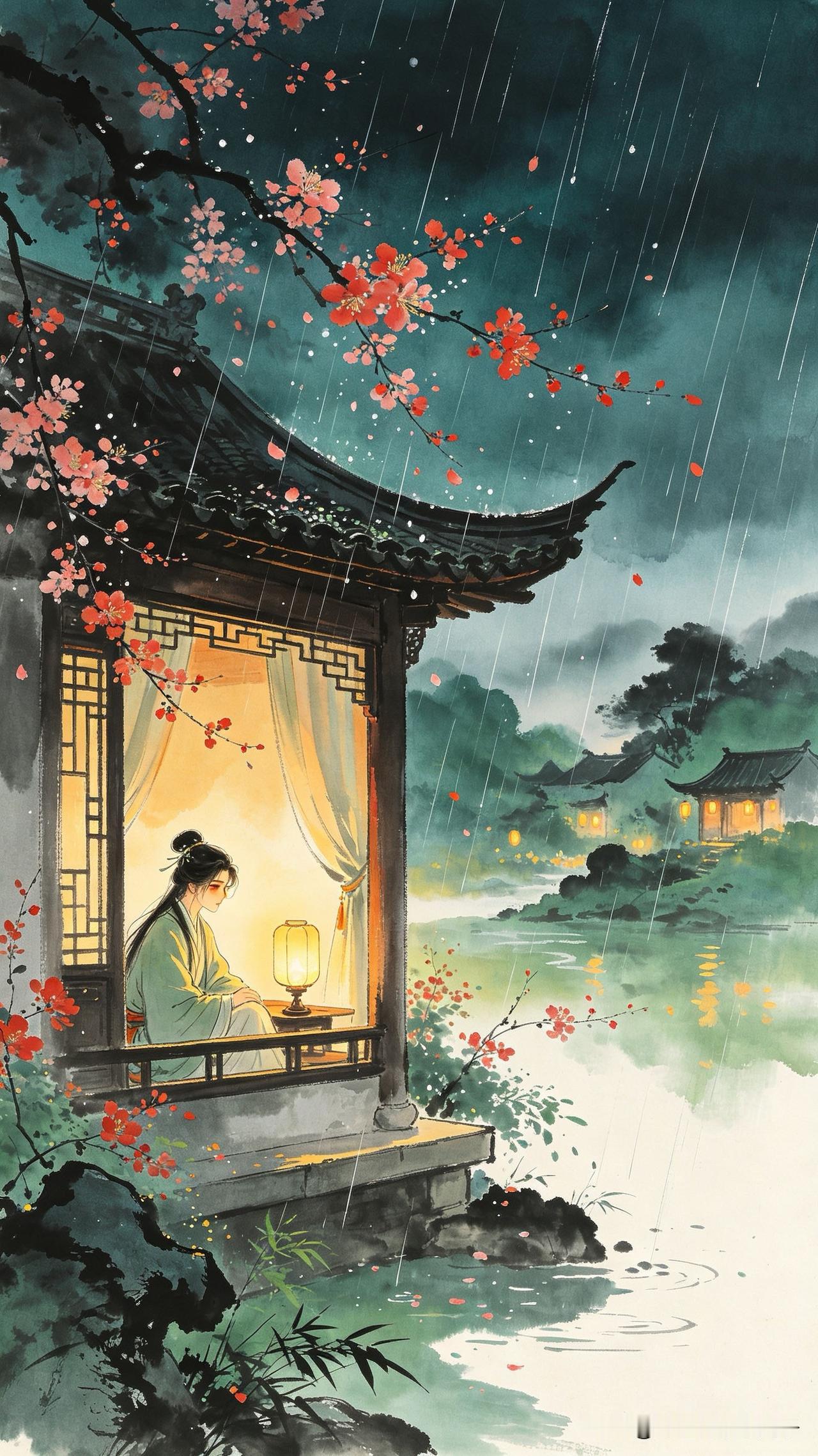 春绪萦帘夜未阑，
飞花零落雨声寒。
孤灯照影人无寐，
     
…………请师友