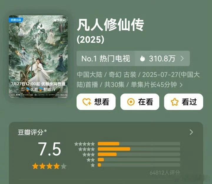 杨洋凡人修仙传开分7.5和预期差不多，剧真可以 ​​​