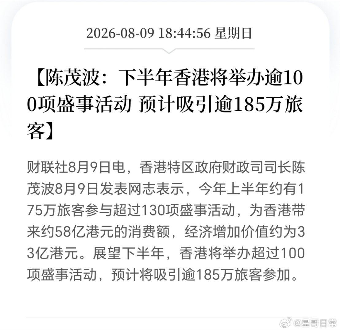 香港举办100项盛事活动，不错，期待有看点，拉动需求。 
