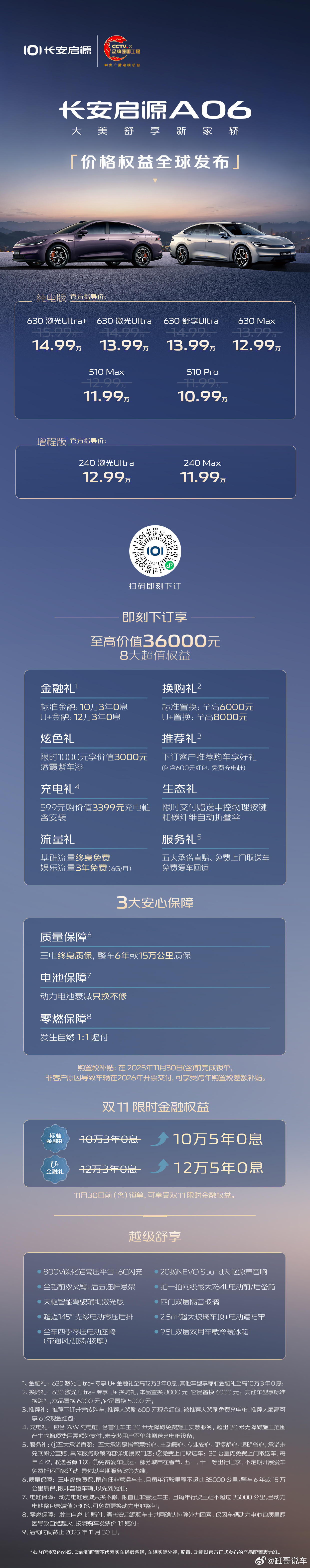 长安启源A06价格权益全球发布10.99万元-14.99万元8大超值权益，3大安