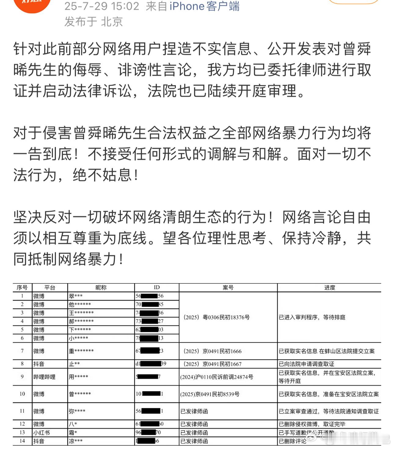 曾舜晞方公布告黑进展，支持维权！[拳头] ​​​