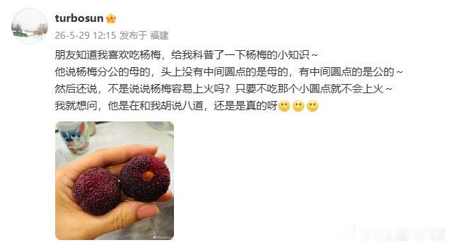 孙俪被朋友科普了杨梅的小知识孙俪朋友的杨梅科普也太离谱了吧，说杨梅分公母，带圆点