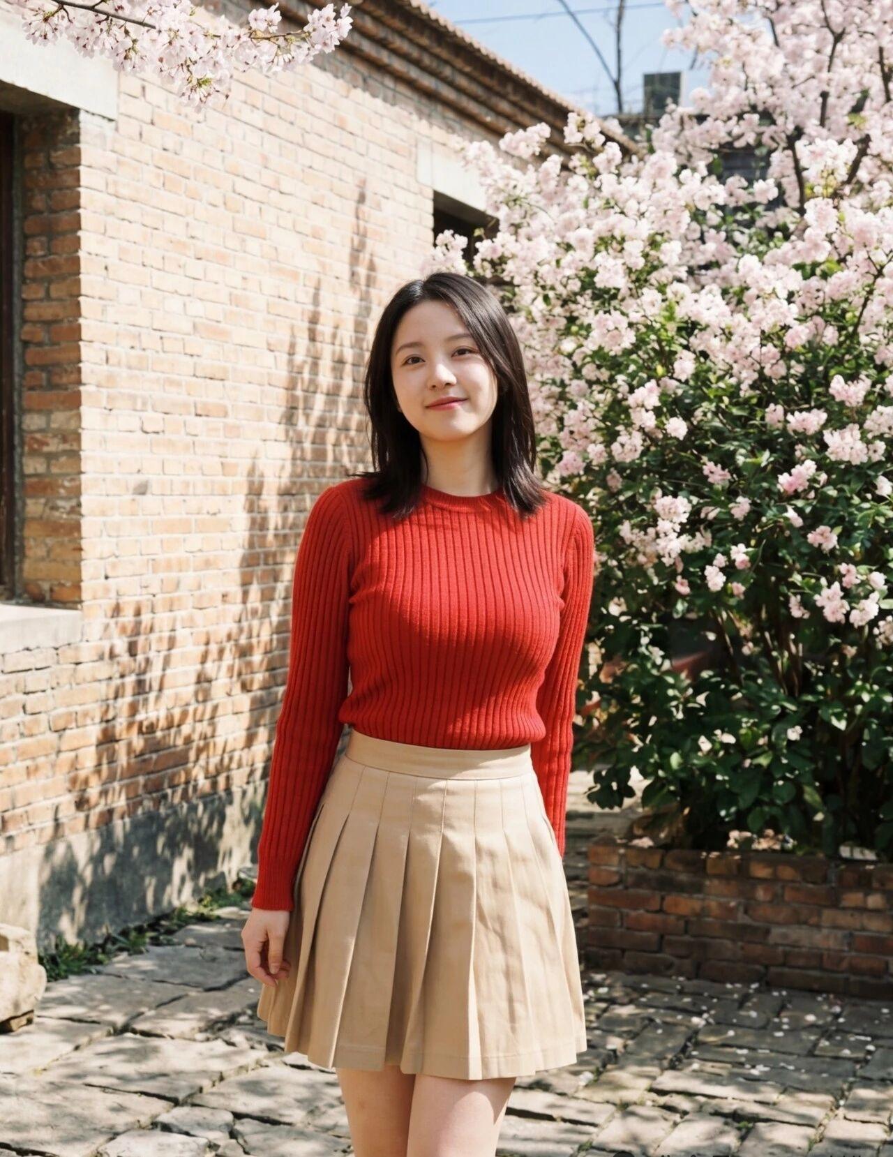 春日暖阳下，红衣少女在自家小院，与粉花相映成趣红衣少女自拍 粉花少女照 有哪些女