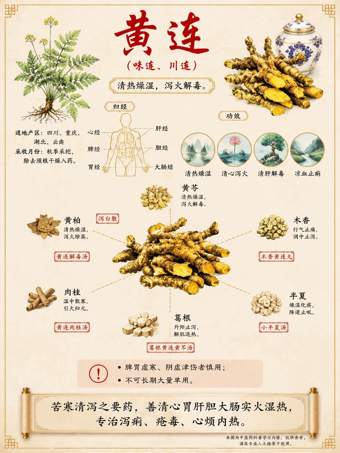 中药苦寒清火代表黄连，别名味连、川连、鸡爪连，《中国药典》标准收录，专治全身实火