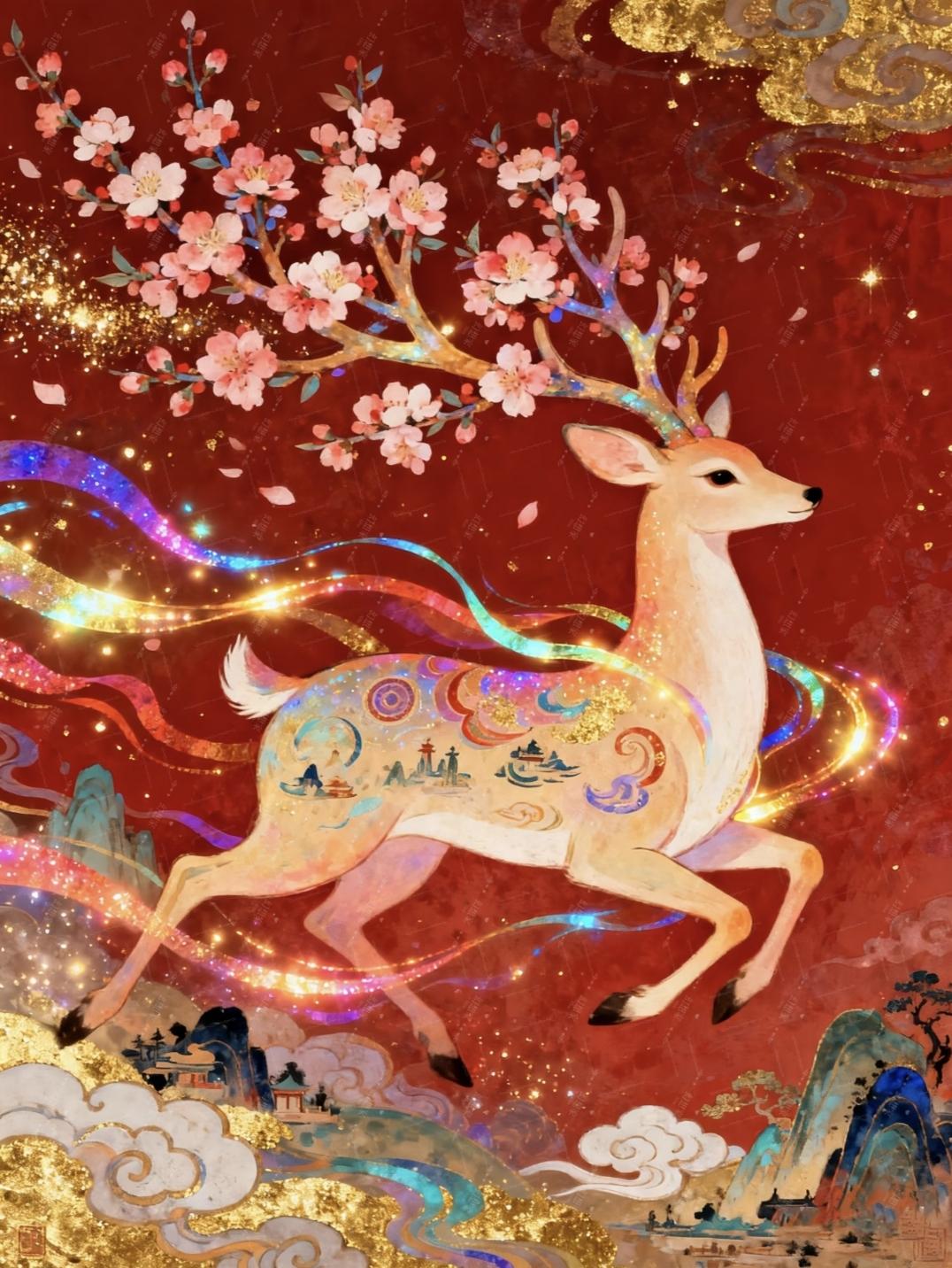 🦌九色瑞鹿🦌一鹿生花
花鹿踏云舞，鹿角绽春樱，身披山水画，彩虹光带绕，红尘仙