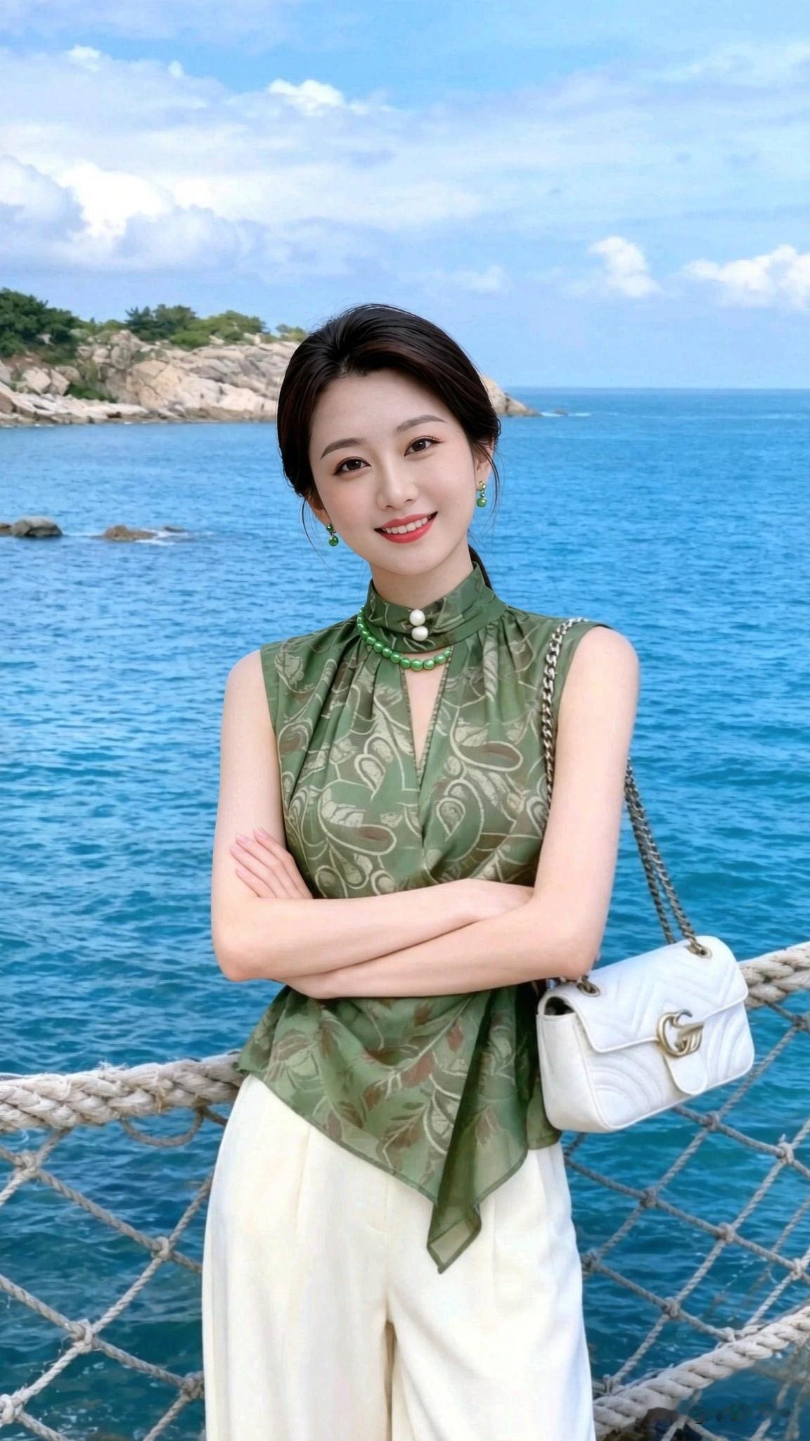 奔赴海边享受悠然时光，绿纹无袖上衣搭配白裤，清新雅致。海风拂面，简约穿搭适配旅途