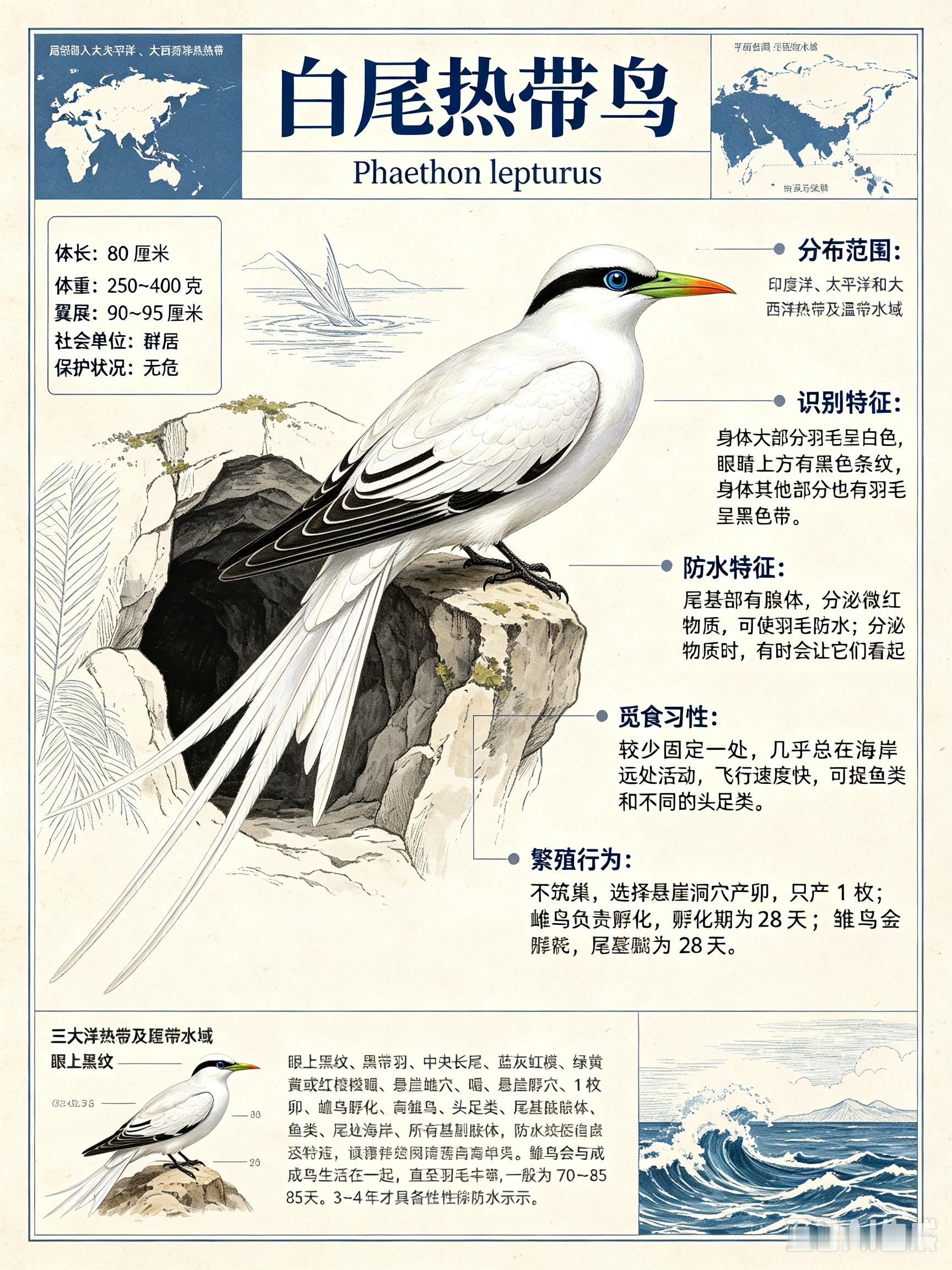 鸟类朋友图鉴 白尾热带鸟体长：80 厘米体重：250~400 克翼展：90~95
