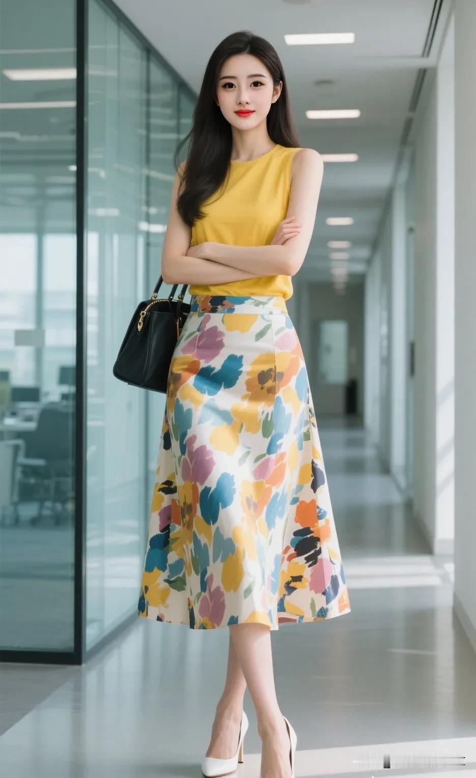 女生怎么穿搭会看上去很优雅这位美女穿无袖黄色上衣，简约亮眼；搭配印花半身裙，色彩