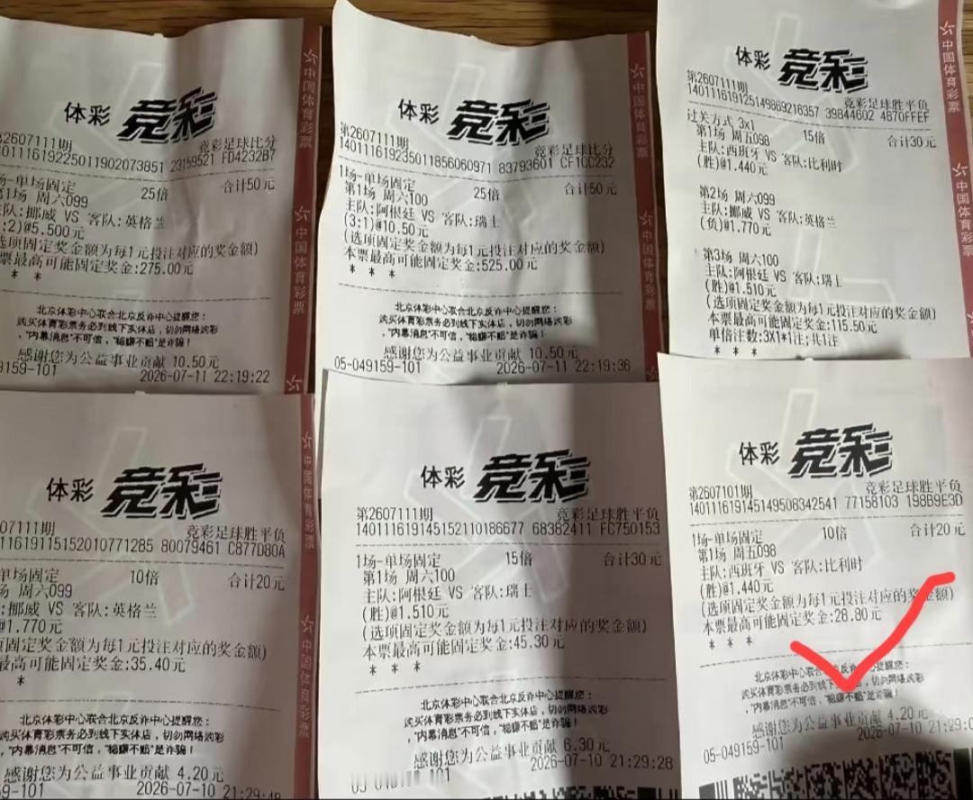 6张彩票、中了一张；投资200块，回来了28块8。这个水平，在彩民里面，算什么水