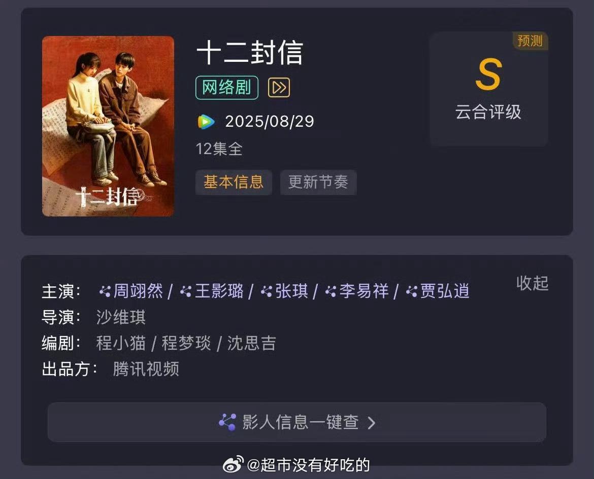 真争气啊👏《十二封信》预测云合评级升S了周翊然 ​​​