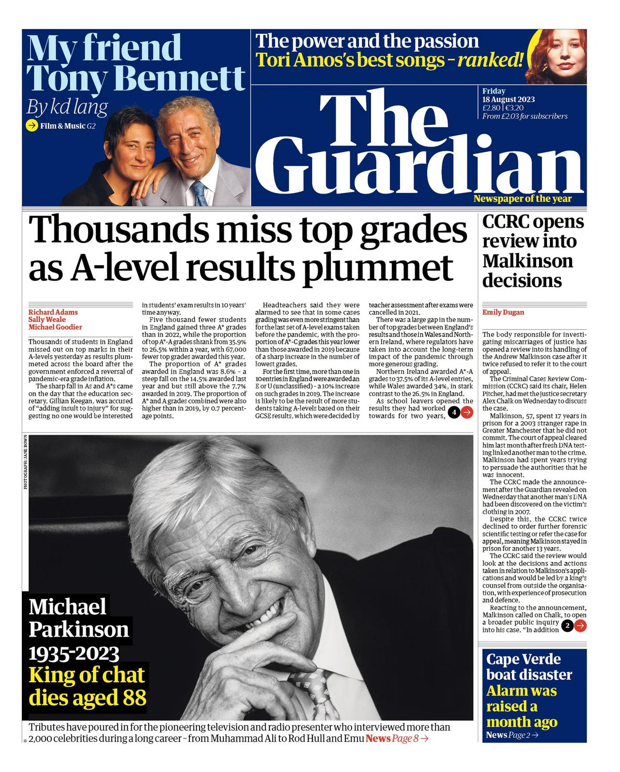  英国电视名嘴帕金森病逝

《卫报》在头版刊登照片报道，英国著名广播电视访谈节目