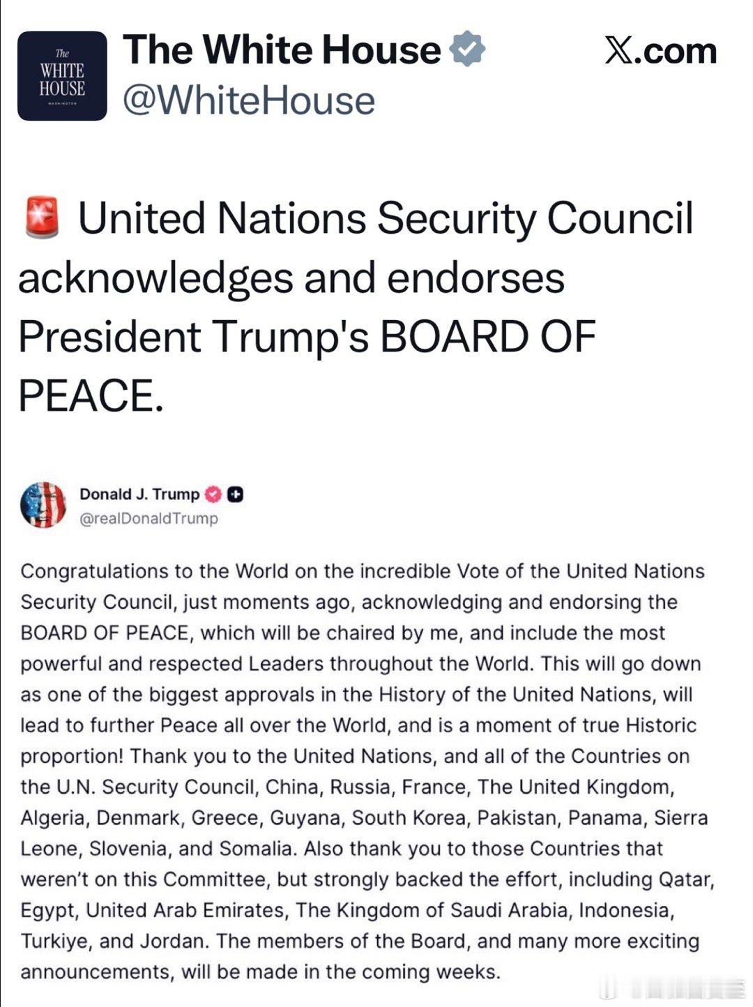 美国总统感谢联合国安理会批准他的和平计划、确认他将担任“和平委员会”主席“这将是