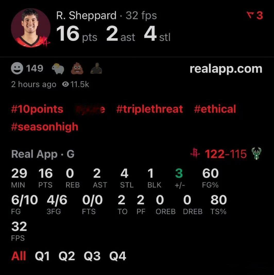 谢泼德打出赛季最强一战逆转功臣👏
30'钟16分4抢断1封盖投篮10中6三分6