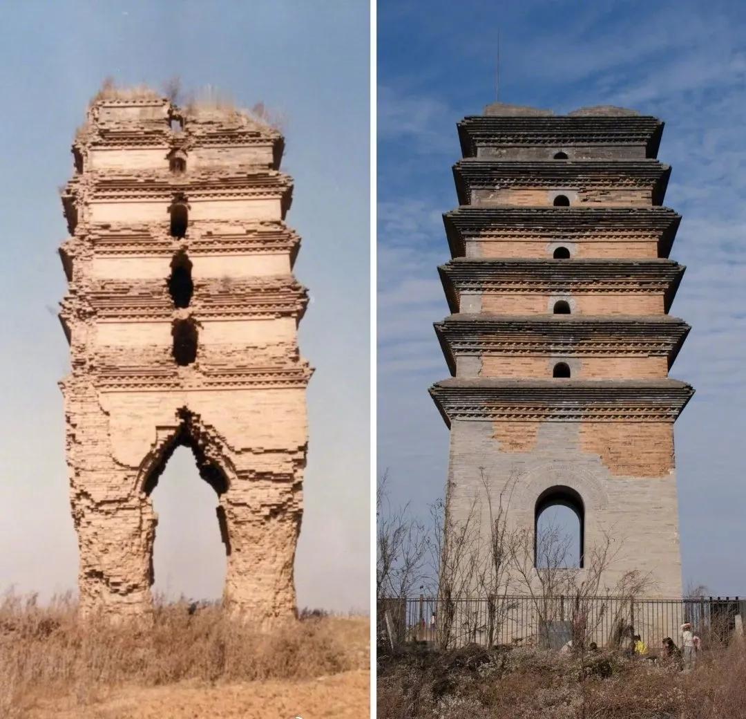 同样的一座古塔，修复前的样子vs修复后的样子。
