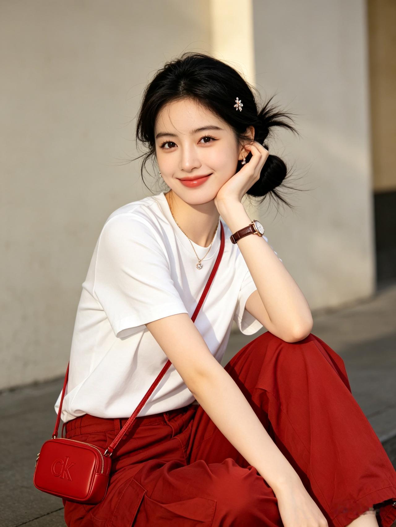 江南女孩瓜子幼态脸，乌黑蓬松长发扎低丸子头配发饰。白T恤搭配大红轻薄垂坠工装裤，
