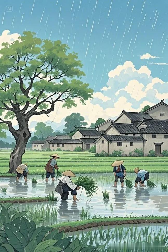 《梅雨五绝・其一》
——宋・范成大
乙酉甲申雷雨惊，
乘除却贺芒种晴。
插秧先插