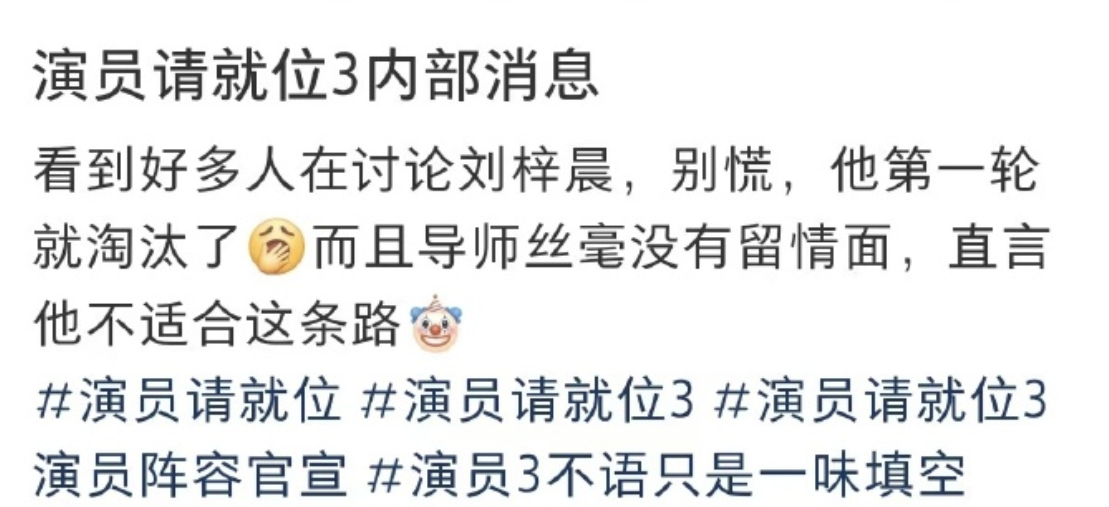 工作人员爆料刘梓晨已淘汰  有 演员请就位  工作人员爆料，已淘汰，按照演员的节