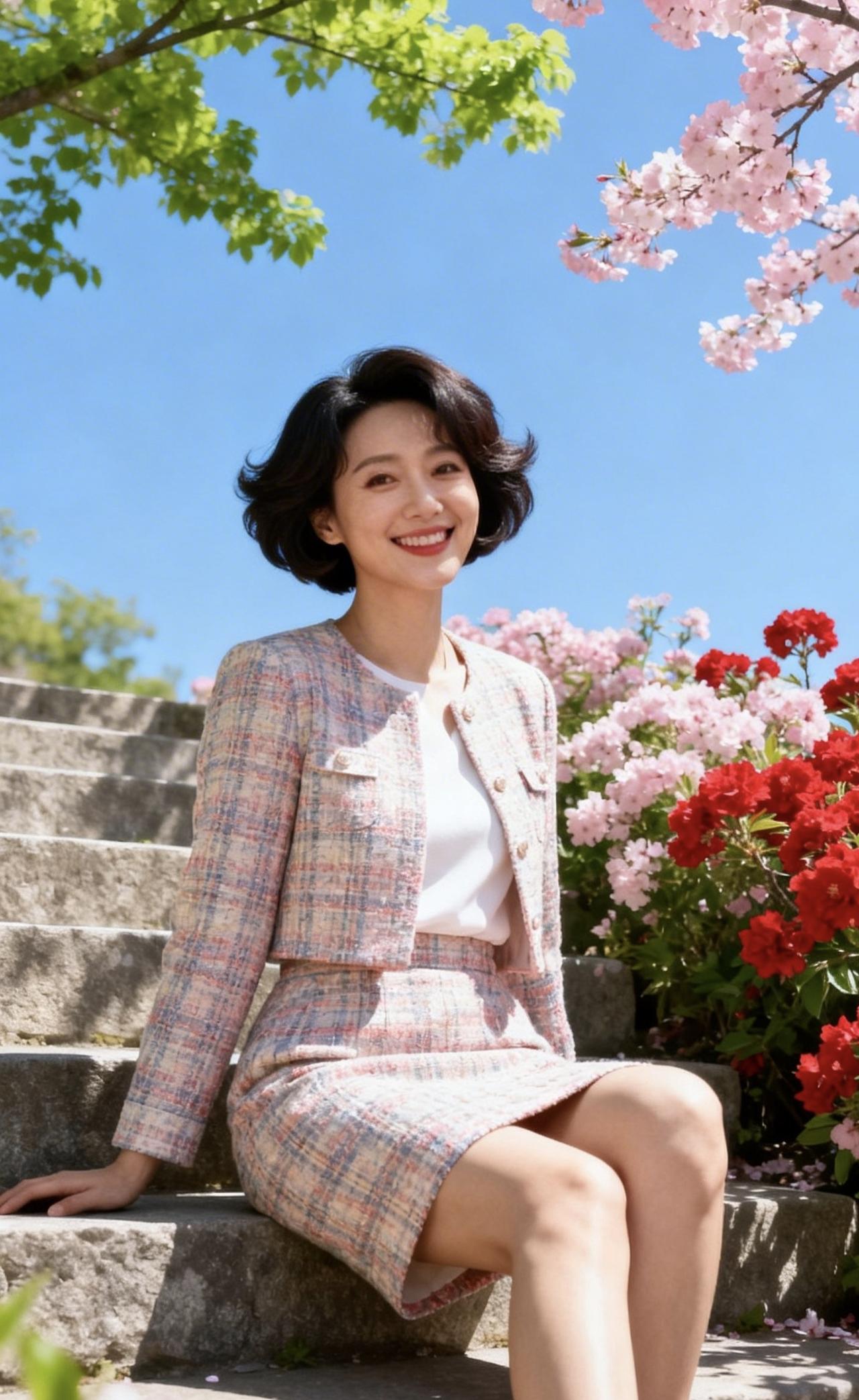 《春阶小坐》
 
石阶承暖沐晴光，风拂樱红落鬓旁
短卷青丝裁岁月，粗花软缎织春光